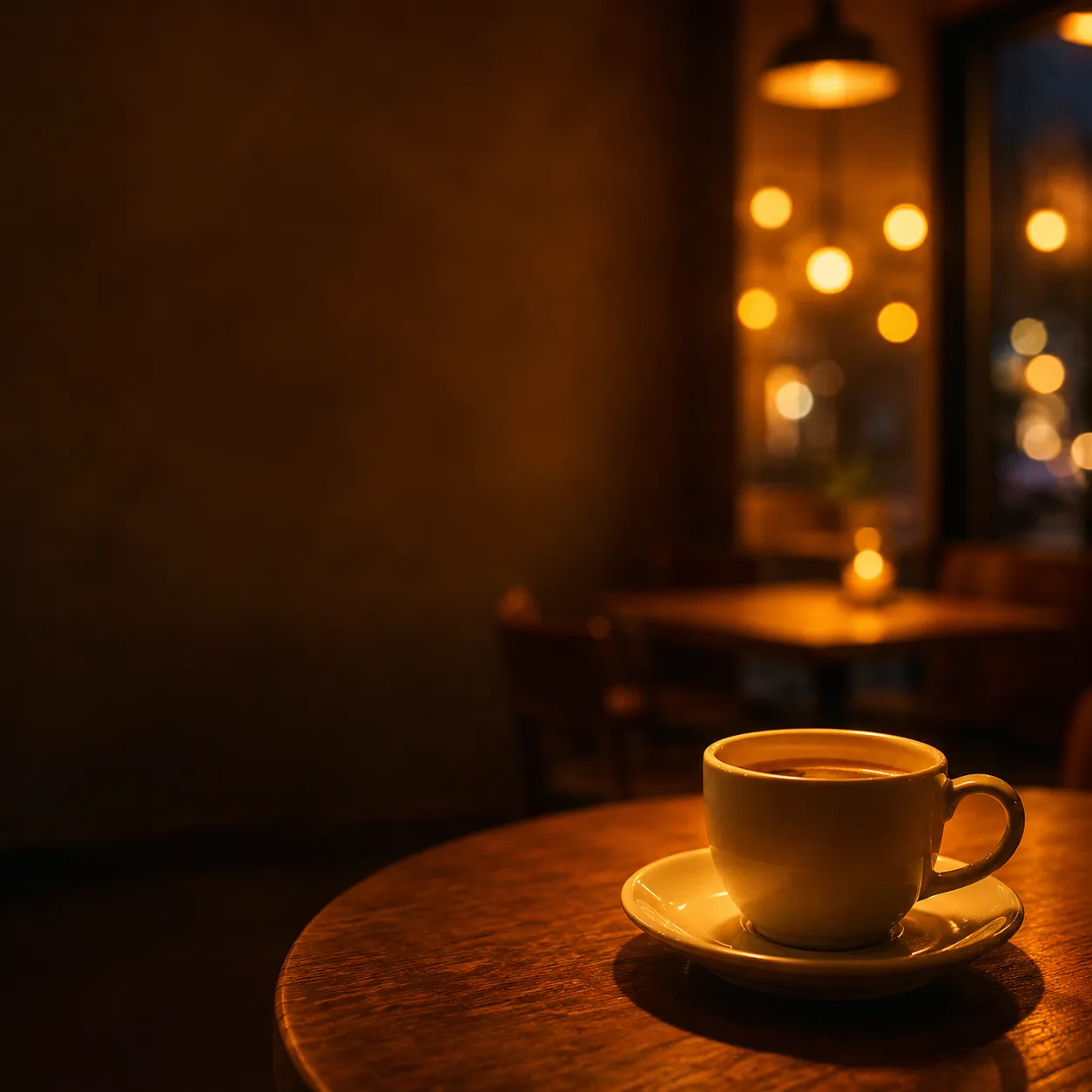 Warm-amber café table at evening, ceramic mug on saucer with pendant-light bokeh in the background — the kind of public Wi-Fi setting this scenario describes.