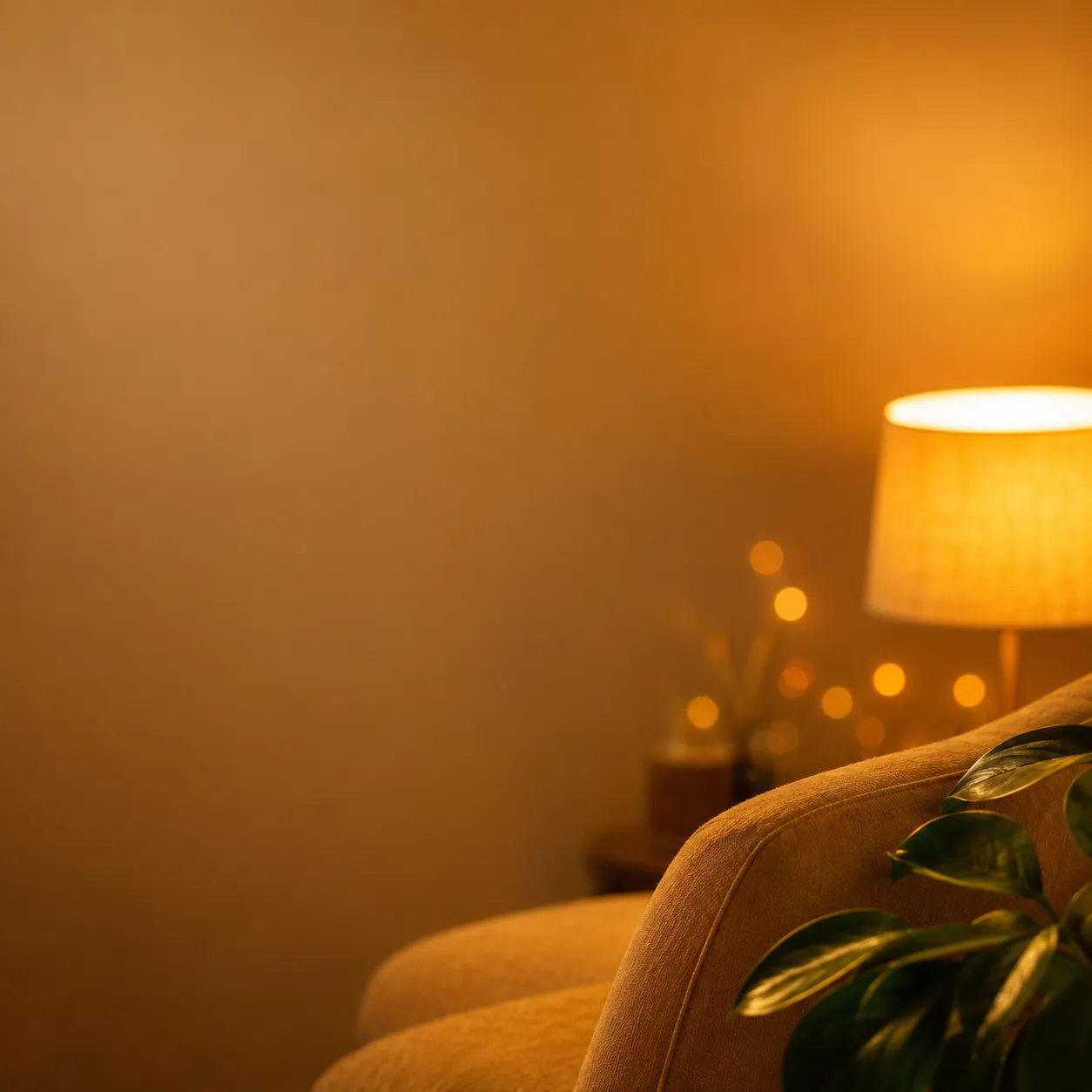 Soft warm-amber interior wall lit by a tungsten lamp, with a chair edge and a leafy houseplant — privacy as restraint, not surveillance.