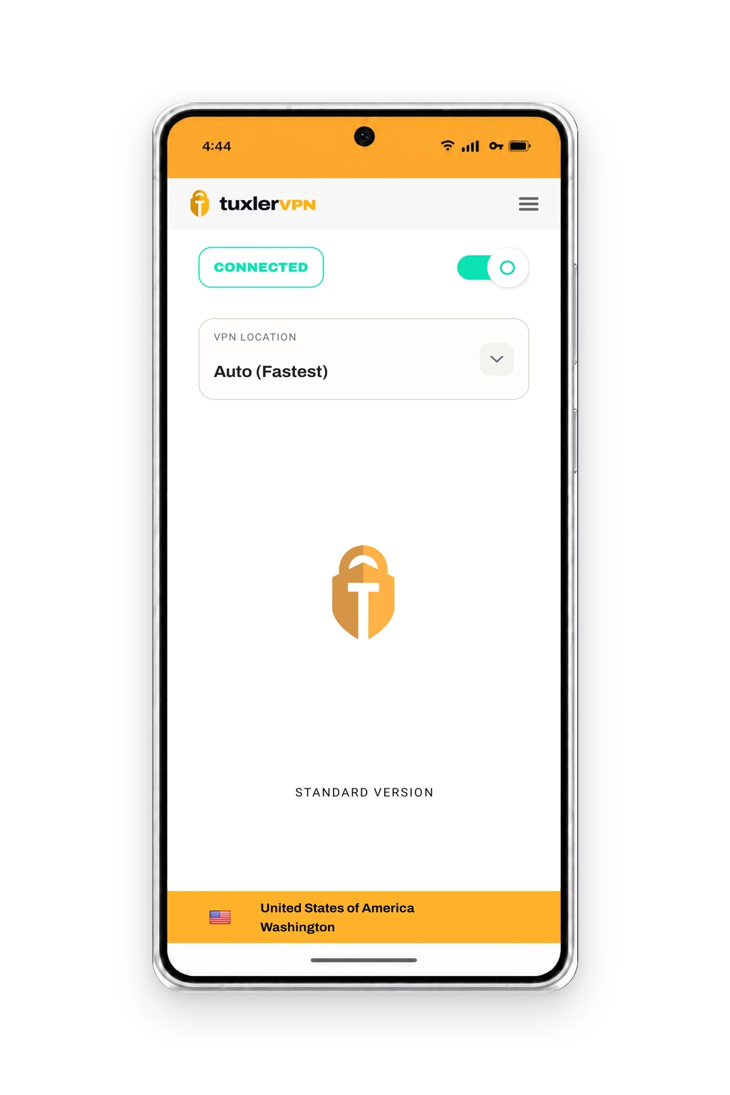 TuxlerVPN Mobile showing a connected Free Standard VPN session on a Samsung Galaxy Android phone